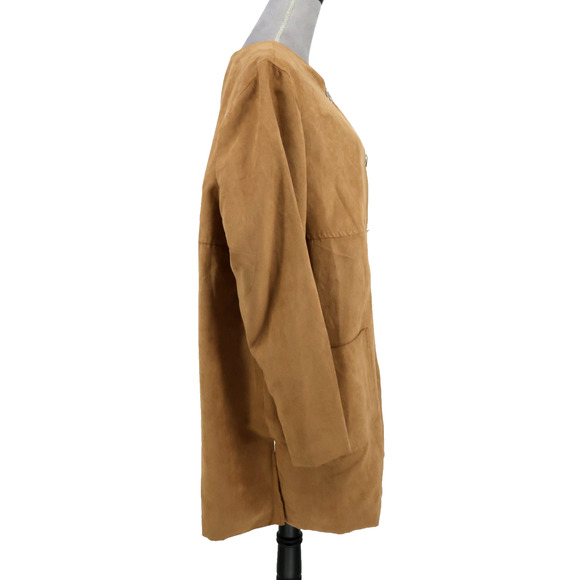 Susan Graver Jacket Plus Size 1X Camel Beige Faux Suede Lined Long Blazer Pocket - Picture 13 of 14
